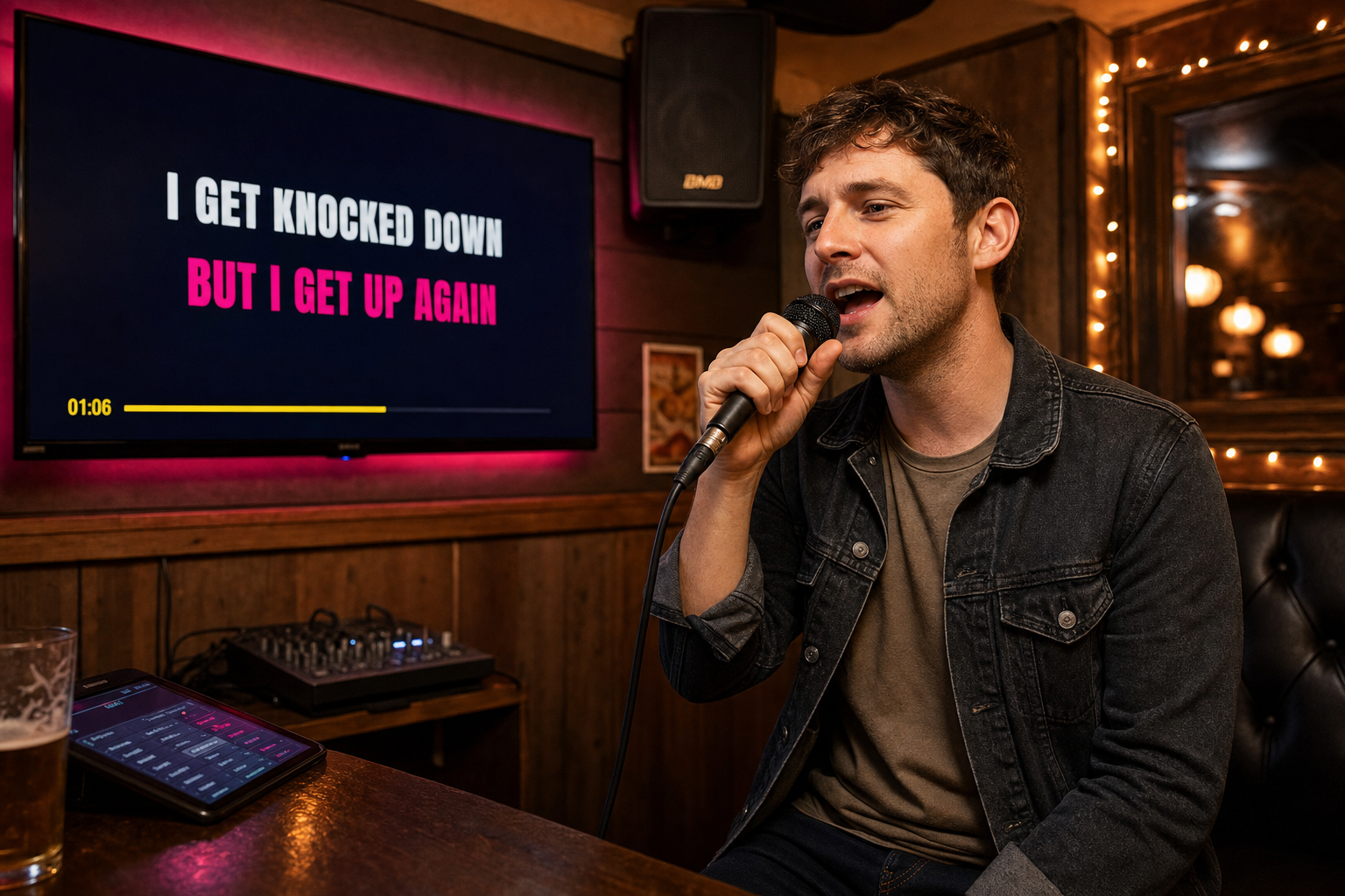 Singer using a microphone with karaoke lyrics displayed on a screen in a pub
