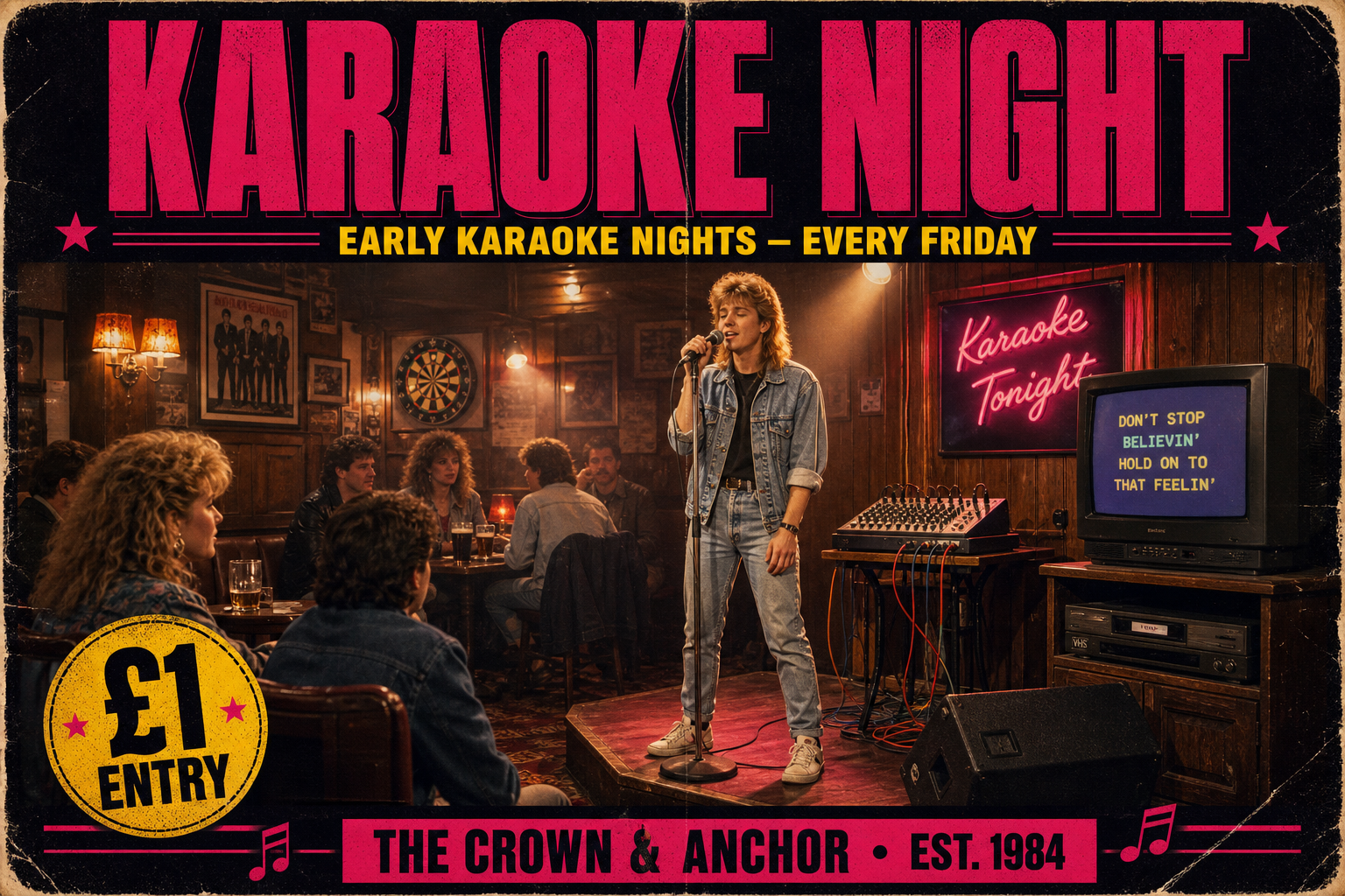 Retro-style image of a 1980s British pub illustrating the early arrival of karaoke in the UK