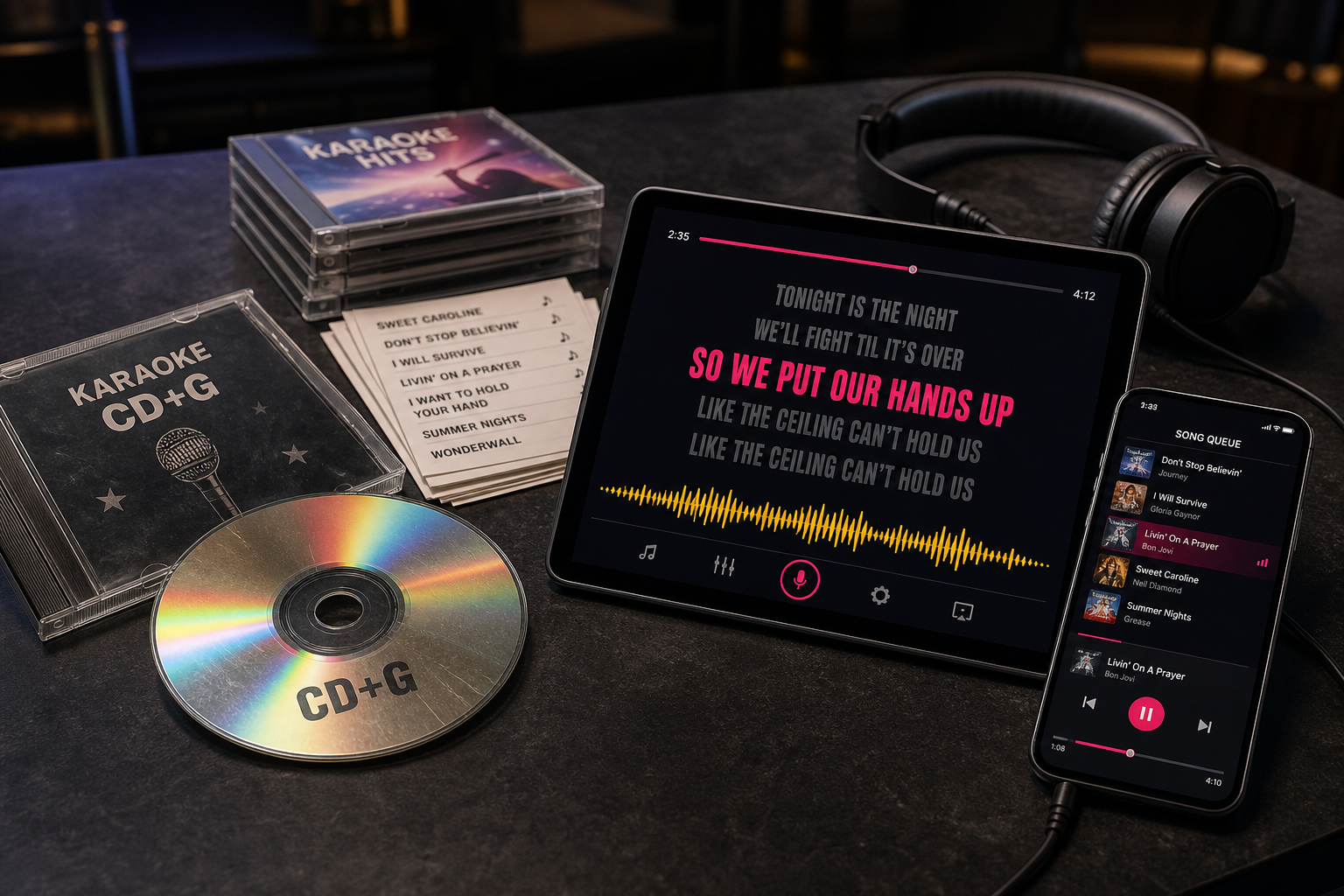 CD+G disc alongside a modern tablet running a karaoke app, showing the evolution of karaoke formats